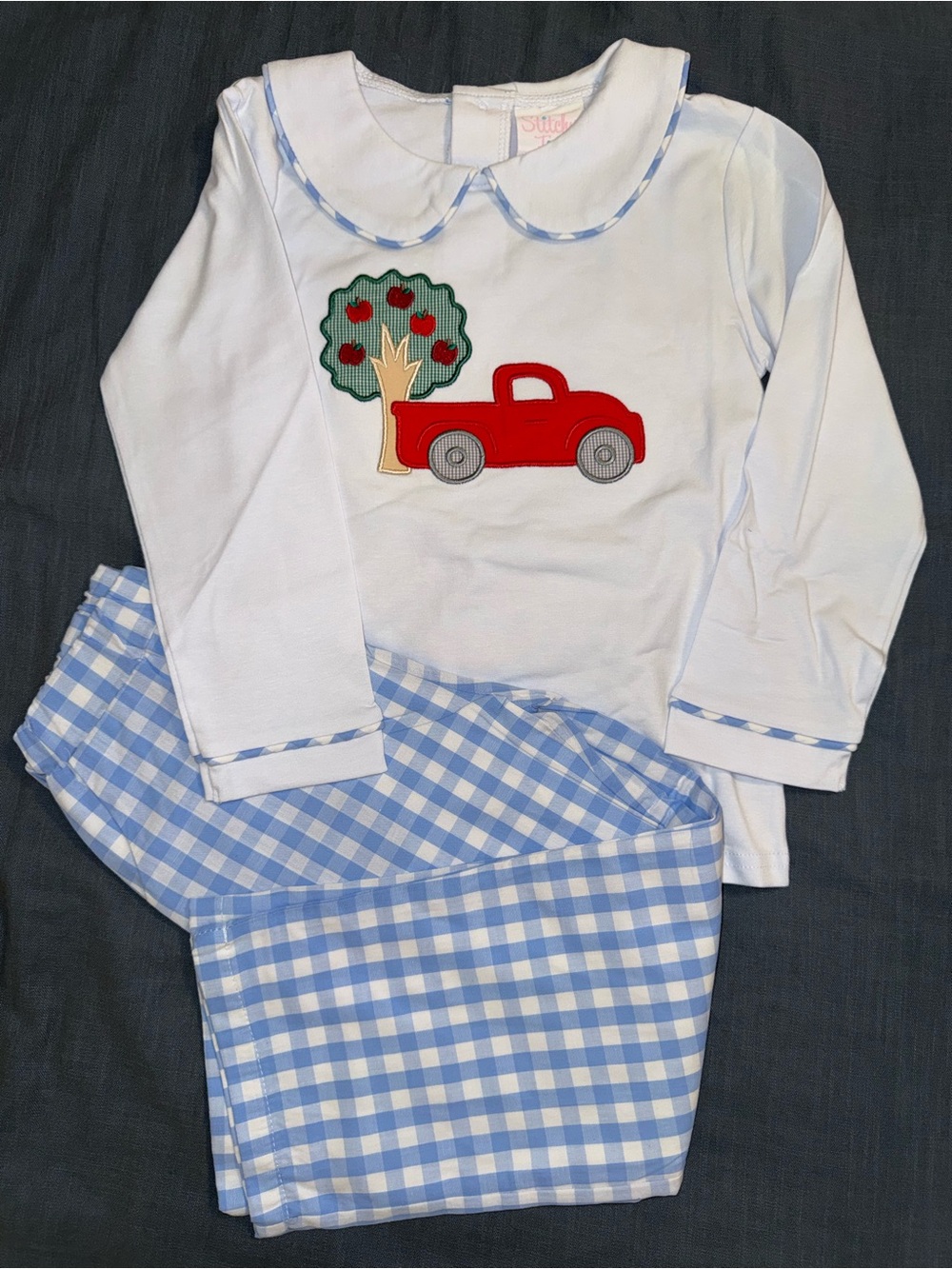 Kids White Long-Sleeve Set with Blue Gingham Pants and Red Truck Applique